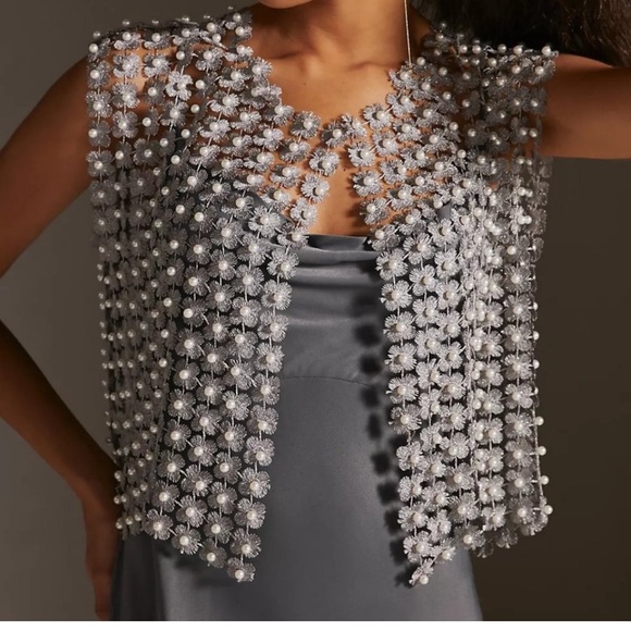 Anthropologie Accessories - Anthropologie Floral Pearl Beaded Cape Shawl Silver MSRP $140